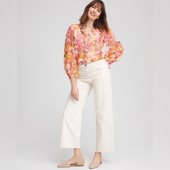 Like New Chico’s Pull On Women's Cream Wide-Leg Crop Jeans Size 10/Chico’s 2.5 - Picture 2 of 14